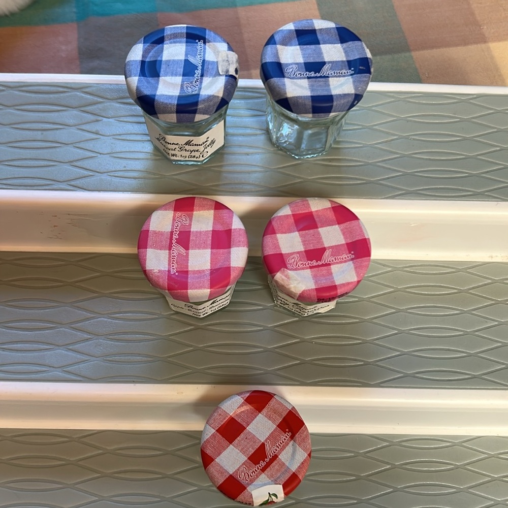 Bonne Maman Bundle of 5 Clear Glass with Assorted Color Gingham Lids Jars 1 Oz - Picture 3 of 9
